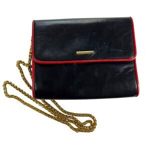 St. John Small Black Leather Evening Bag Red Trim Gold Chain Country Club *flaw